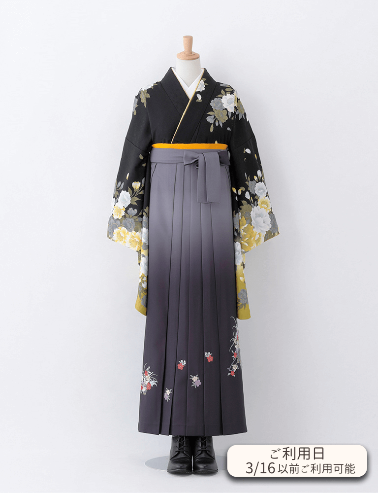 〈着物〉黒色 ぼたんと花乙女柄着物 〈袴〉黒色＆グレー色ぼかし 花車の刺繍袴 【T131】